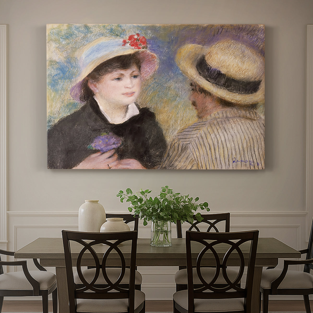 Canvas art print featuring a close-up of a couple seated together outdoors with hats and soft sunlight, showcased as a statement wall artwork