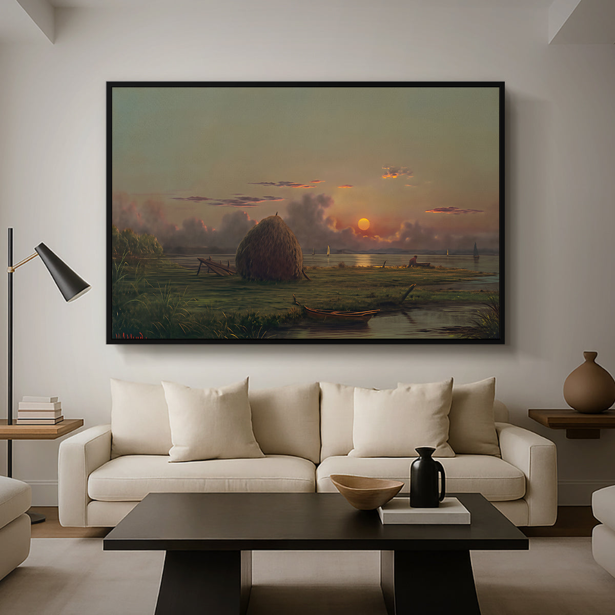 Haystack at Sunset, 1880 - Floater Framed Canvas Print