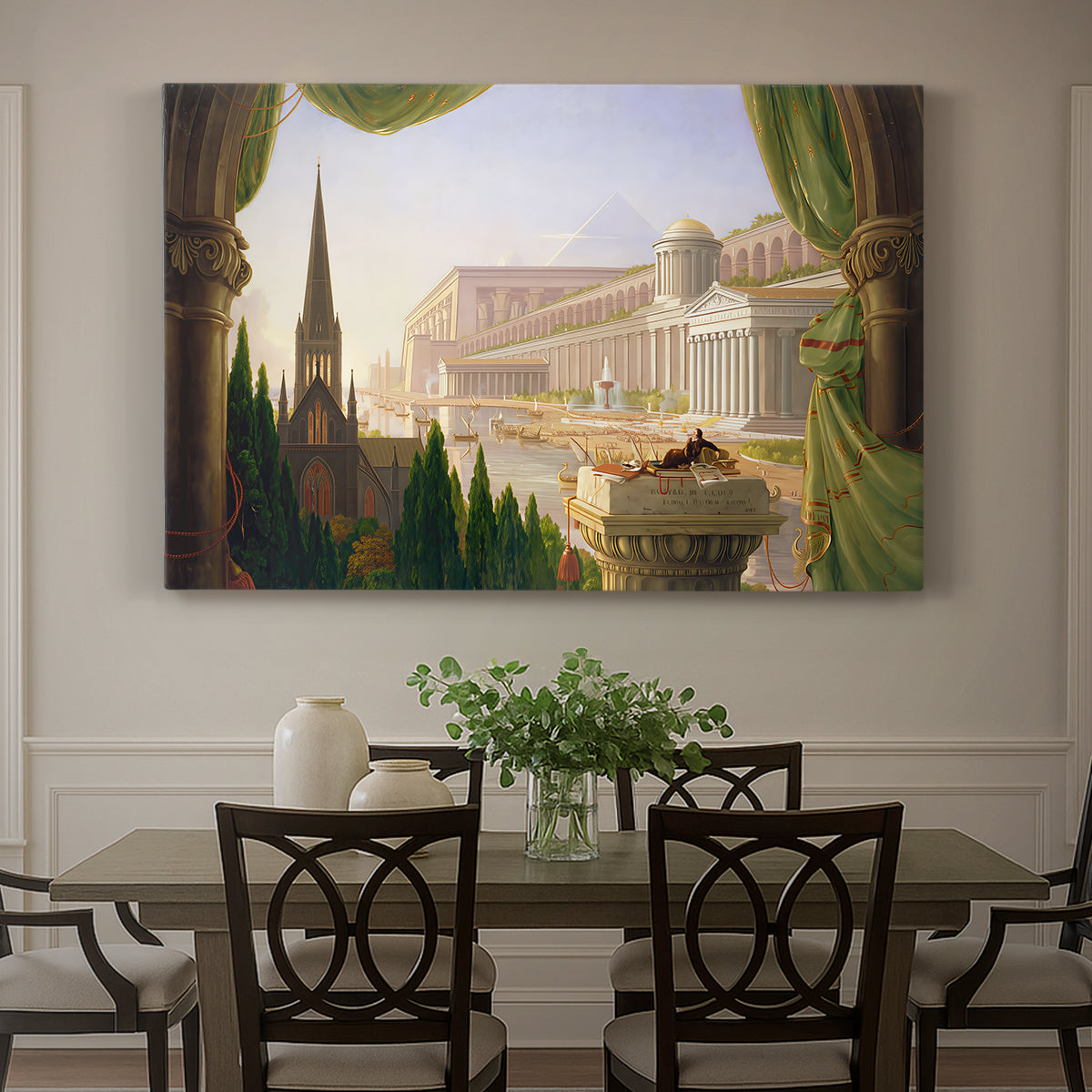 Canvas art print featuring a grand architectural fantasy with multiple historical structures in unified composition, showcased as a statement wall artwork