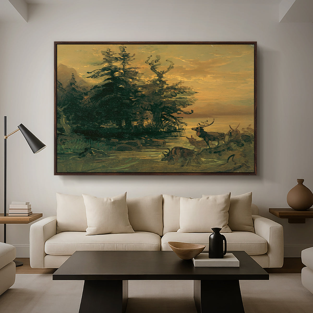Wallowing Deer on the Shore of a Mountain Lake, c. 1850 - Floater Framed Canvas Print