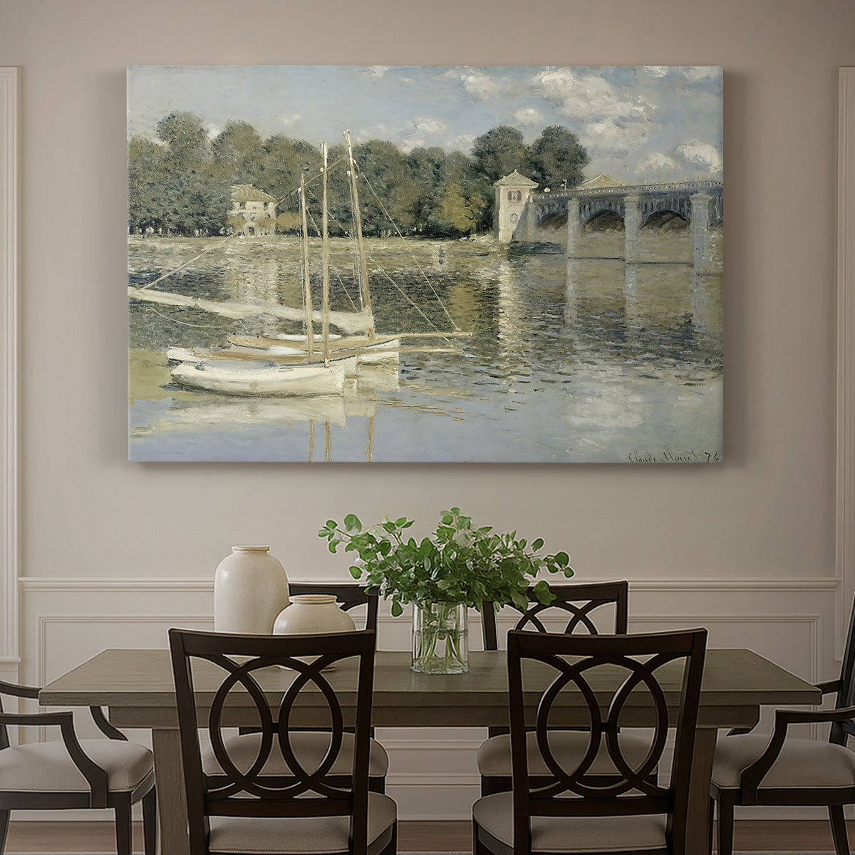 Canvas art print featuring a bridge spanning river with sailboats and reflections in water, showcased as a statement wall artwork