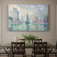 Canvas art print featuring a coastal cityscape with towers along waterfront, showcased as a statement wall artwork