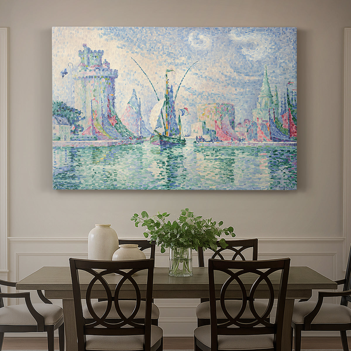 Canvas art print featuring a coastal cityscape with towers along waterfront, showcased as a statement wall artwork