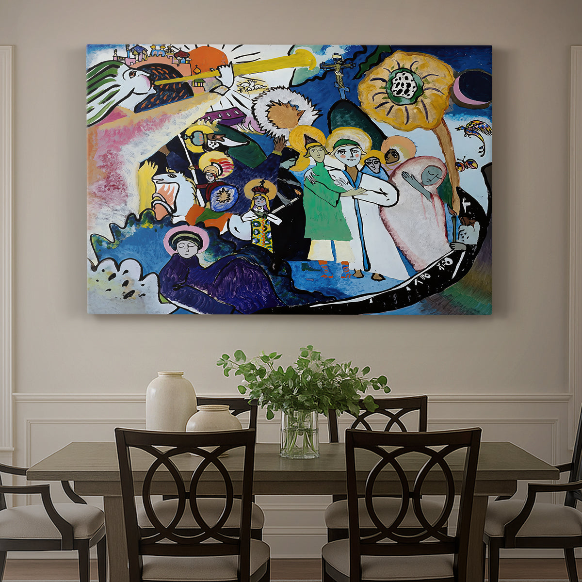 Canvas art print featuring a dense abstract composition with figures and forms suggested through bold color contrasts, showcased as a statement wall artwork