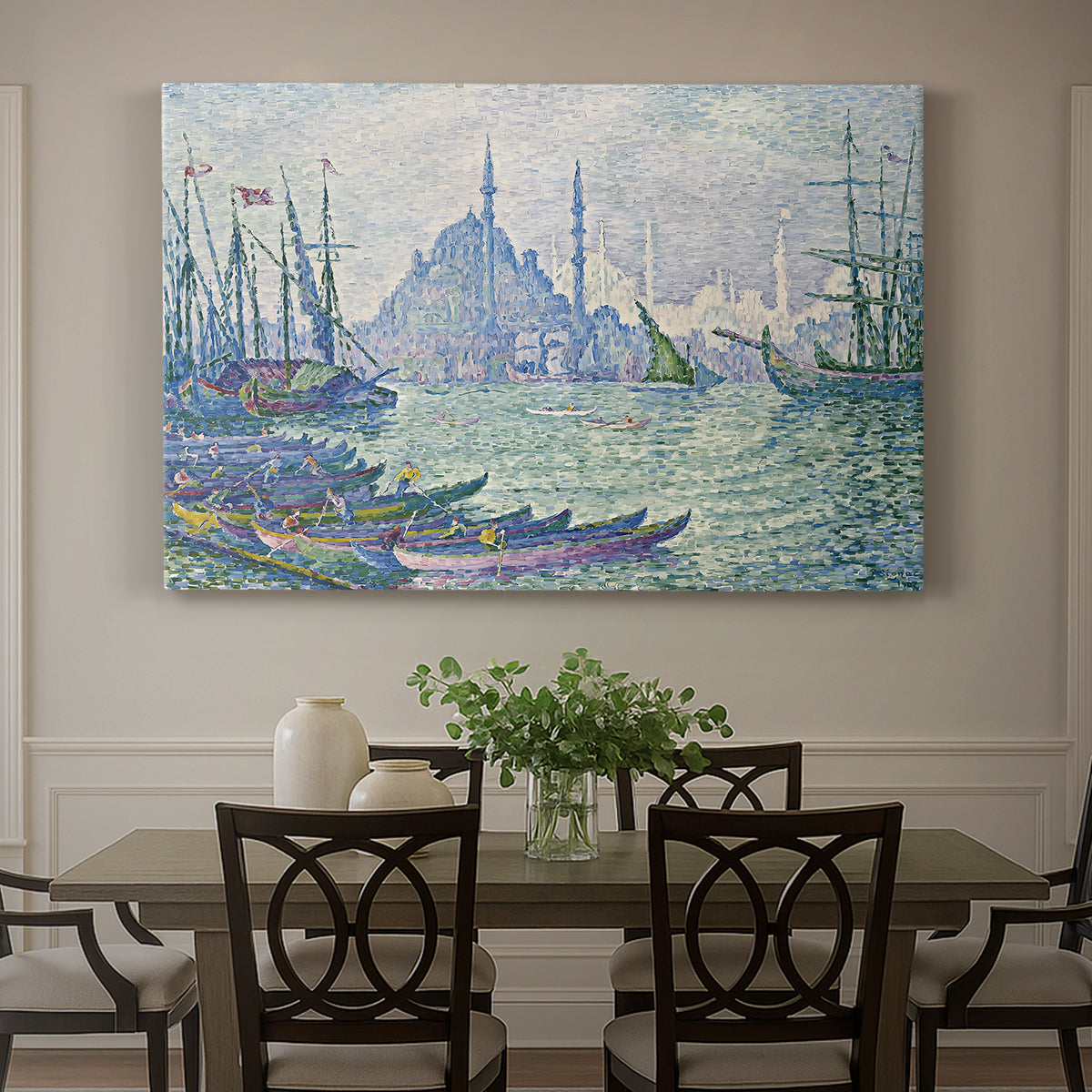 Canvas art print featuring a skyline with minarets rising above waterfront and boats, showcased as a statement wall artwork