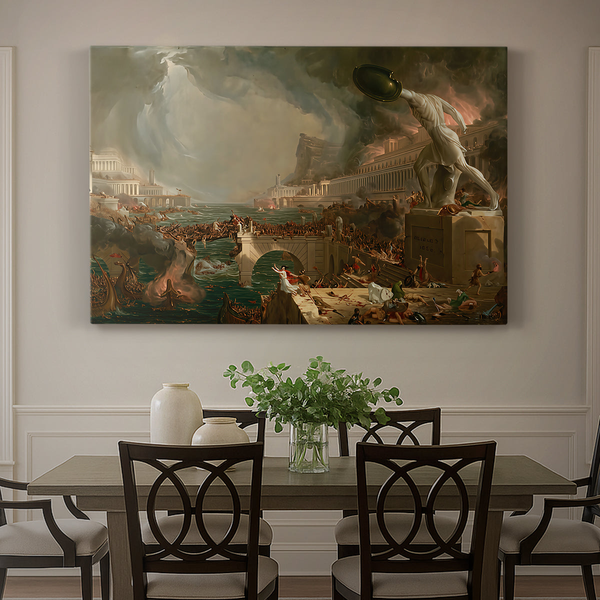 Canvas art print featuring a city in chaos with burning buildings and collapsing structures during attack, showcased as a statement wall artwork