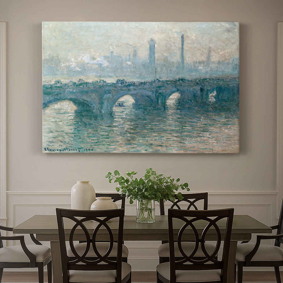 Canvas art print featuring a hazy view of Waterloo Bridge over river in gray atmospheric light, showcased as a statement wall artwork