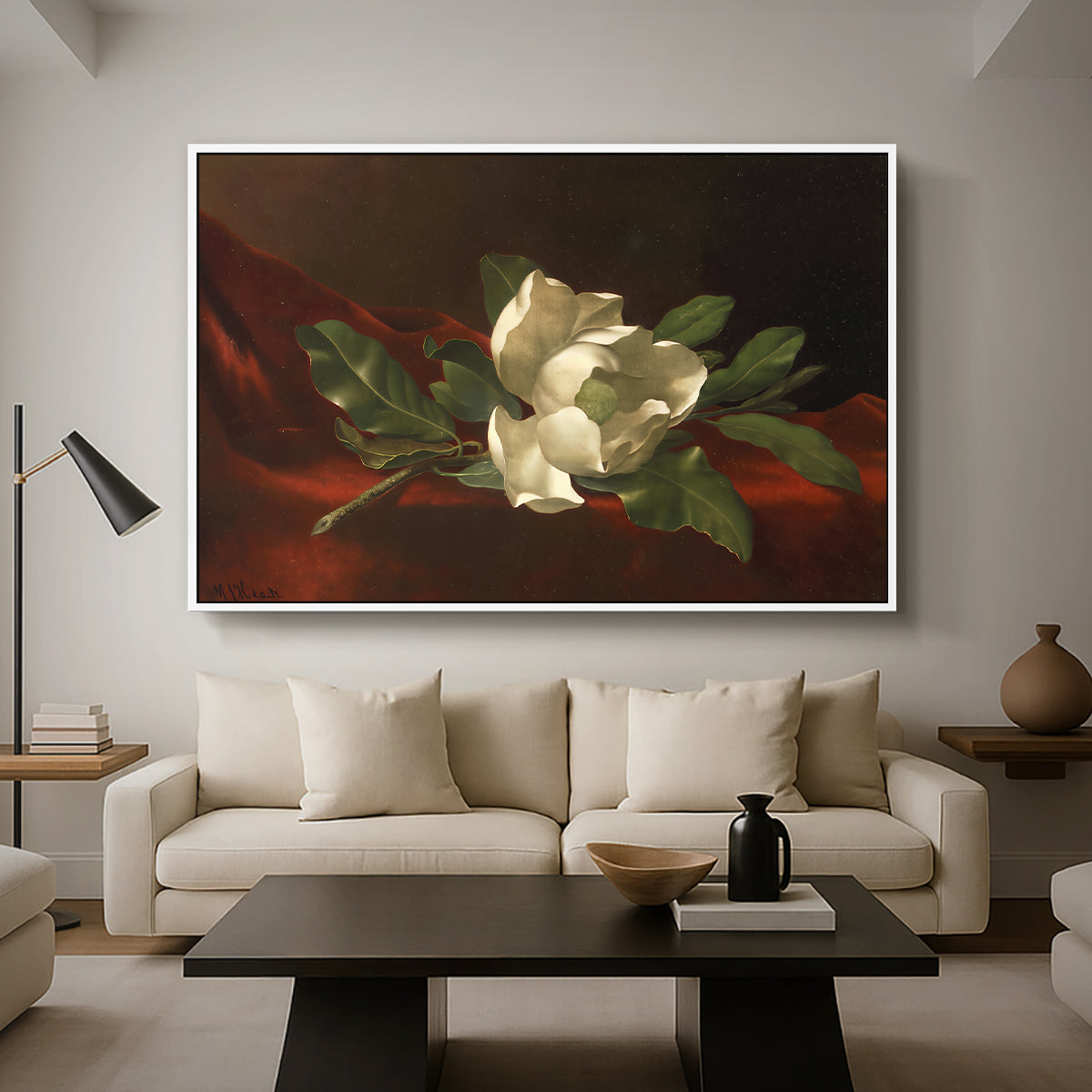 Magnolia on Red Velvet, c. 1885-1890 - Floater Framed Canvas Print
