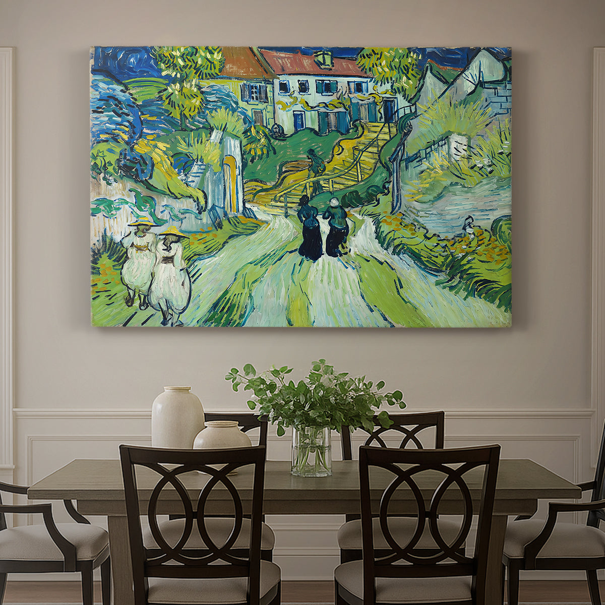Canvas art print featuring a steep stairway between buildings leading upward through village setting, showcased as a statement wall artwork