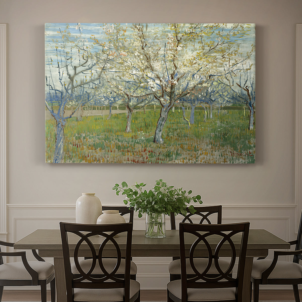 Canvas art print featuring an orchard in bloom with pink blossoms across soft landscape, showcased as a statement wall artwork