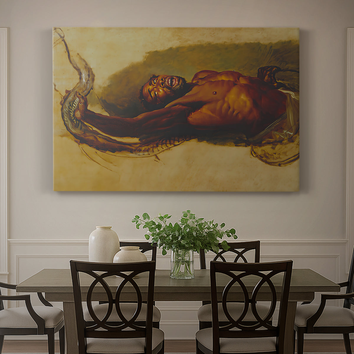 Canvas art print featuring a man grappling with large snake in dramatic physical struggle, showcased as a statement wall artwork