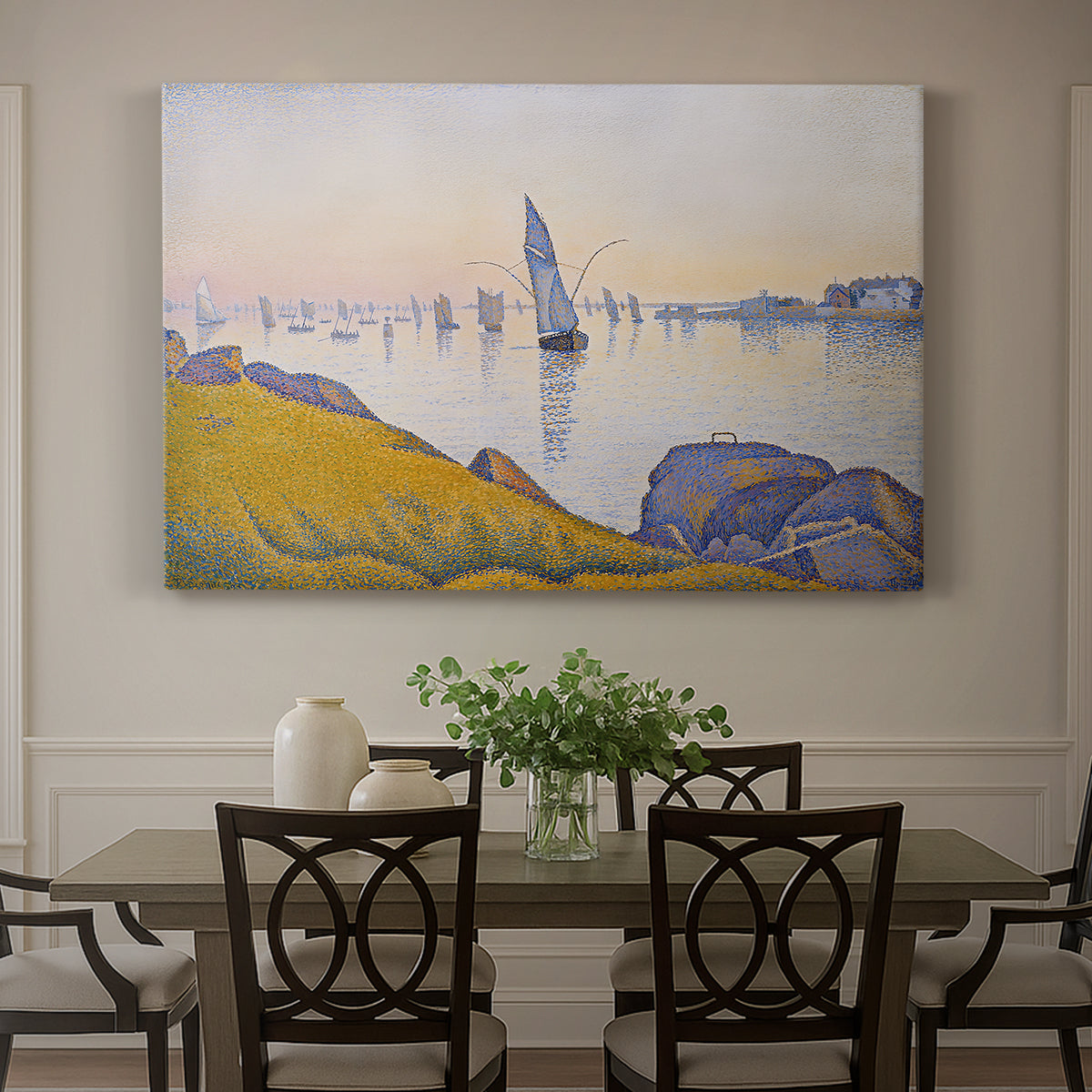 Canvas art print featuring a quiet harbor at sunset, showcased as a statement wall artwork