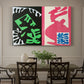 Canvas art print featuring an abstract collage of bold black and red shapes in dynamic arrangement, showcased as a statement wall artwork