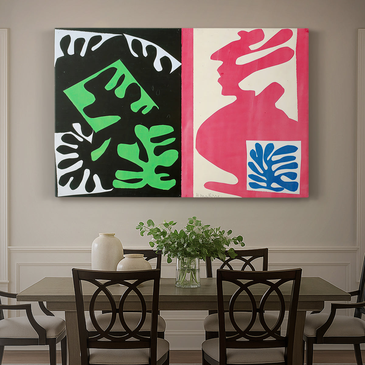 Canvas art print featuring an abstract collage of bold black and red shapes in dynamic arrangement, showcased as a statement wall artwork