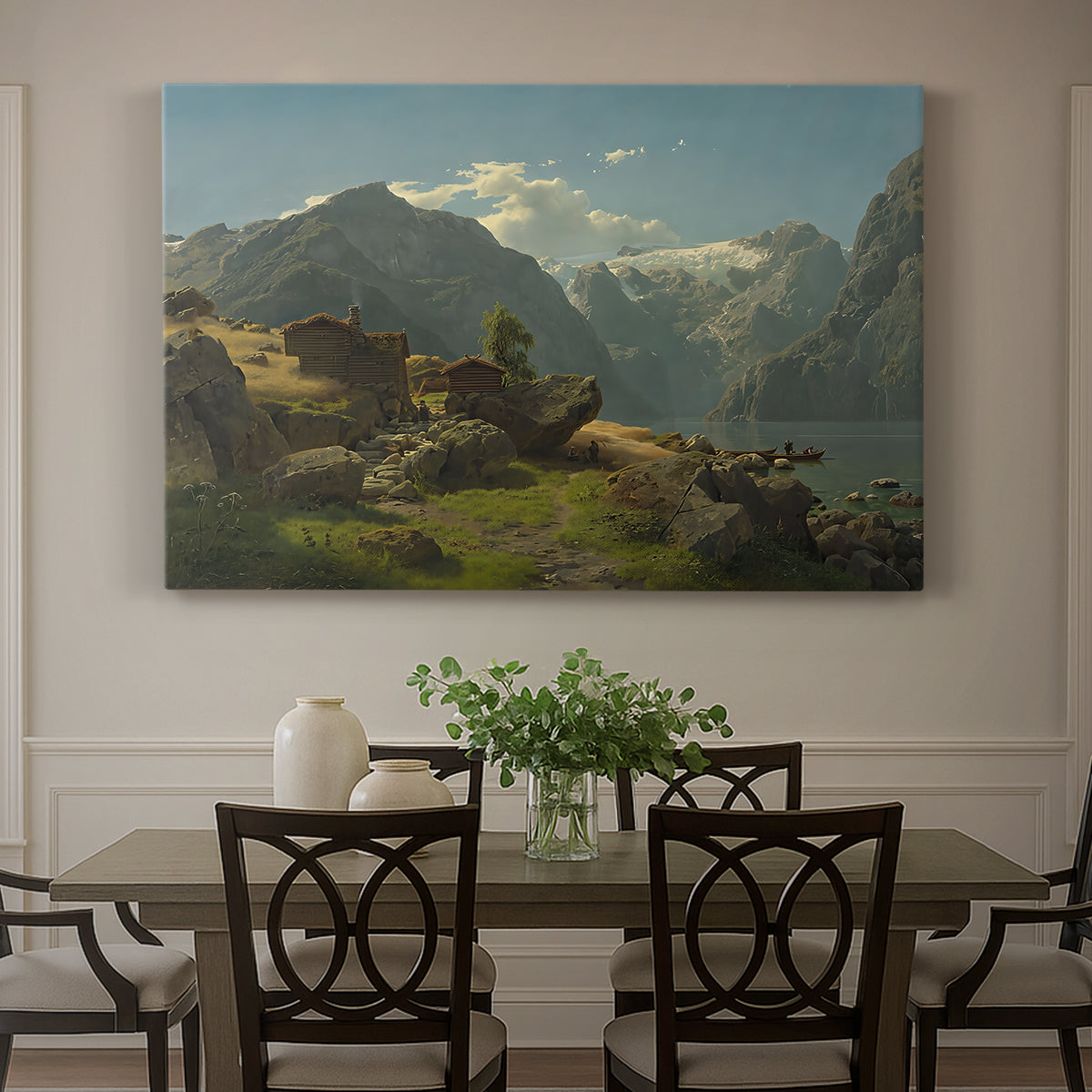Canvas art print featuring a fjord landscape with mountains, water, and small settlement under open sky, showcased as a statement wall artwork