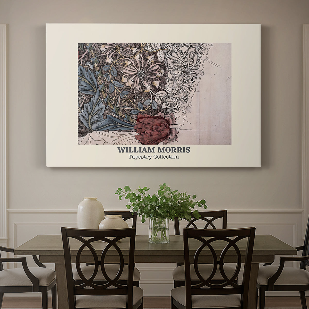 Canvas art print featuring a repeating pattern of intertwining vines, leaves, and flowers arranged in dense textile design, showcased as a statement wall artwork
