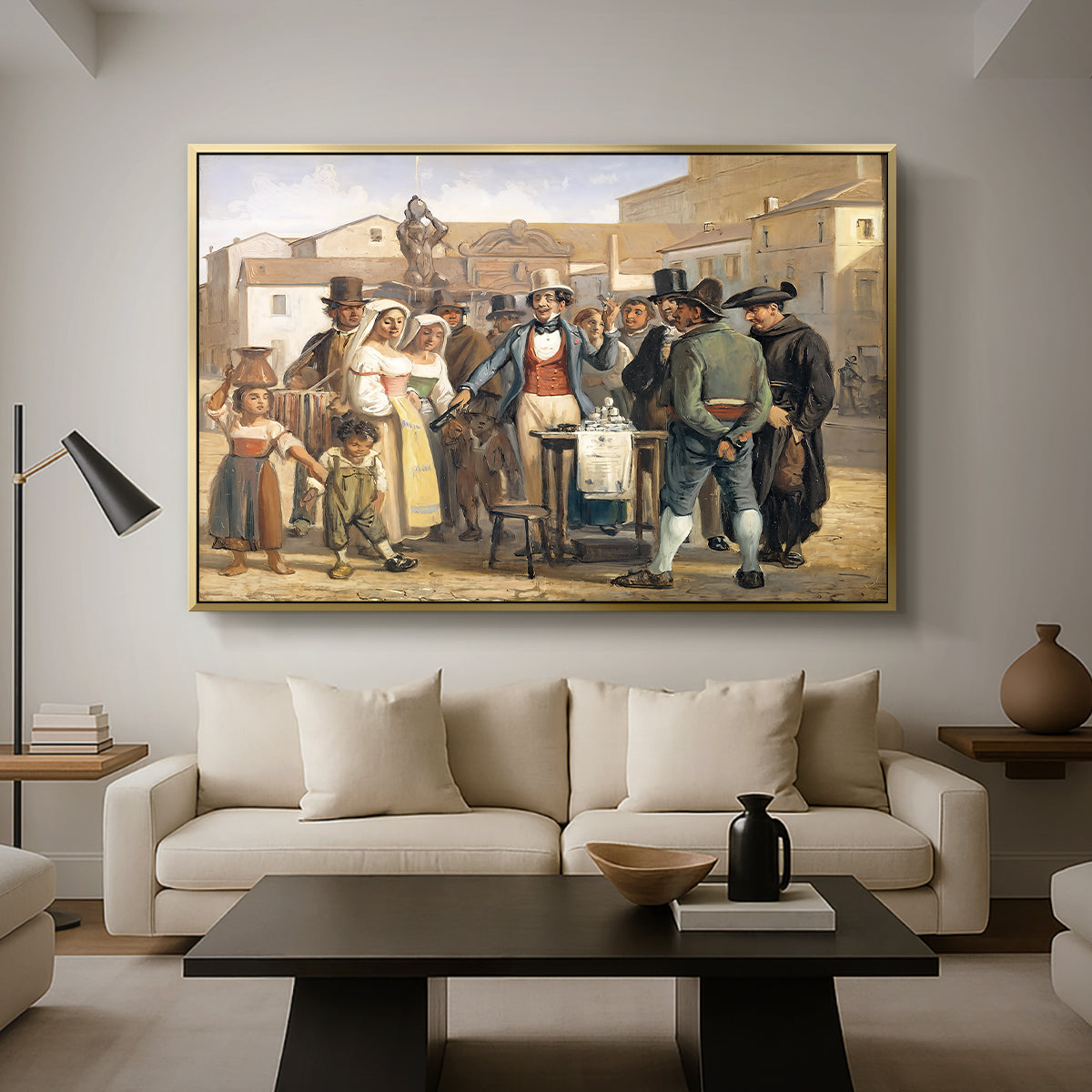 A Charlatan Selling Blacking in the Piazza Barberini in Rome, c. 1840-1849 - Floater Framed Canvas Print