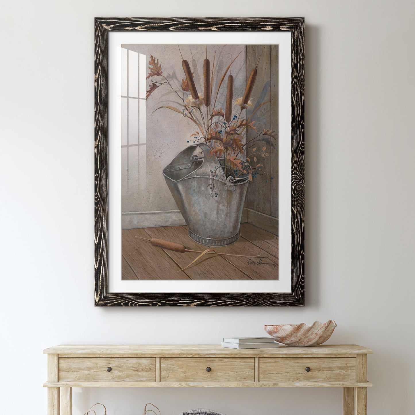 Berries & Cat Tails - Premium Framed Print - Distressed Barnwood Frame - Ready to Hang