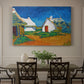 Canvas art print featuring white cottages grouped together with bold colors and surrounding landscape, showcased as a statement wall artwork