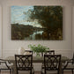 Canvas art print featuring a lake landscape surrounded by trees and distant hills under soft sky, showcased as a statement wall artwork