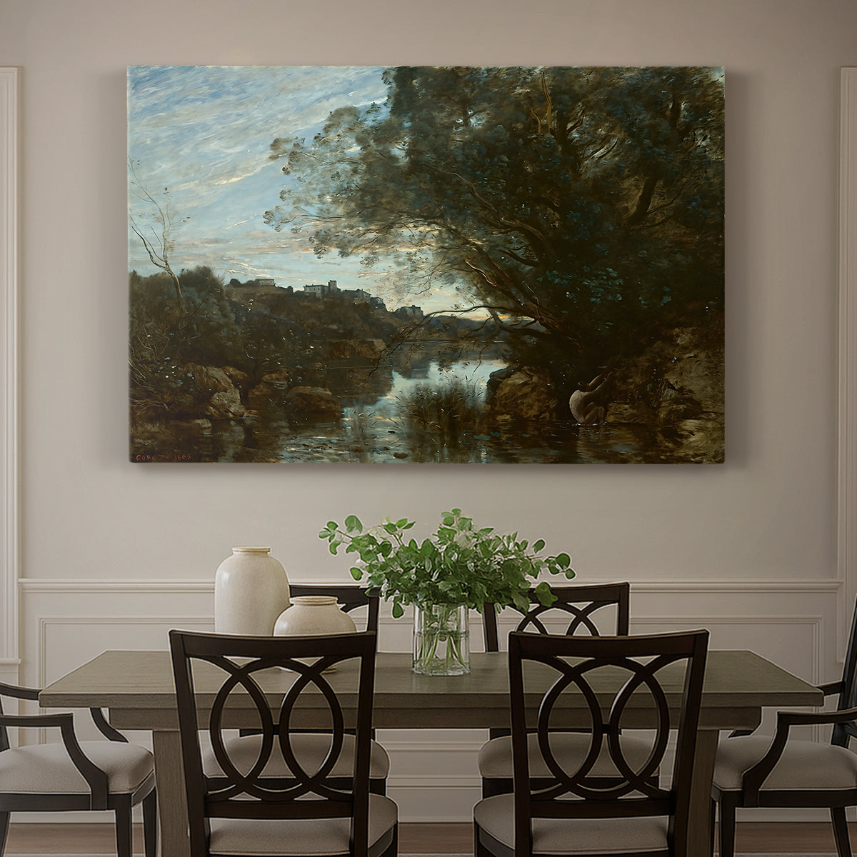 Canvas art print featuring a lake landscape surrounded by trees and distant hills under soft sky, showcased as a statement wall artwork