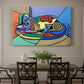 Canvas art print featuring a colorful geometric dog composed of bold shapes, showcased as a statement wall artwork