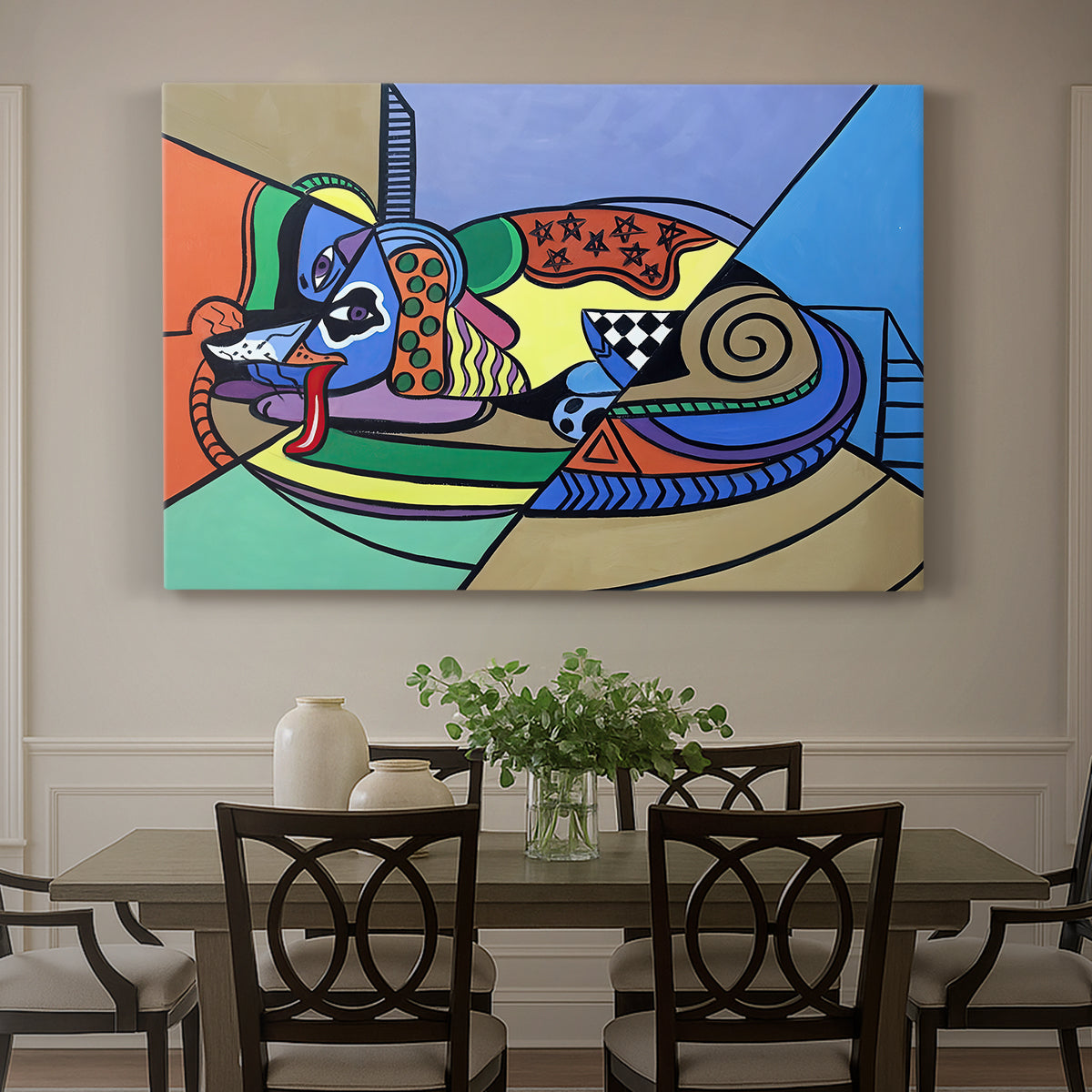 Canvas art print featuring a colorful geometric dog composed of bold shapes, showcased as a statement wall artwork