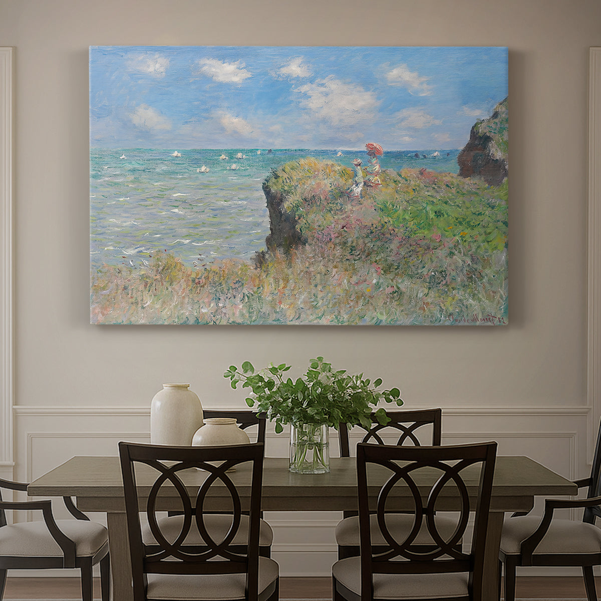 Canvas art print featuring figures walking along coastal cliff path overlooking ocean and sky, showcased as a statement wall artwork