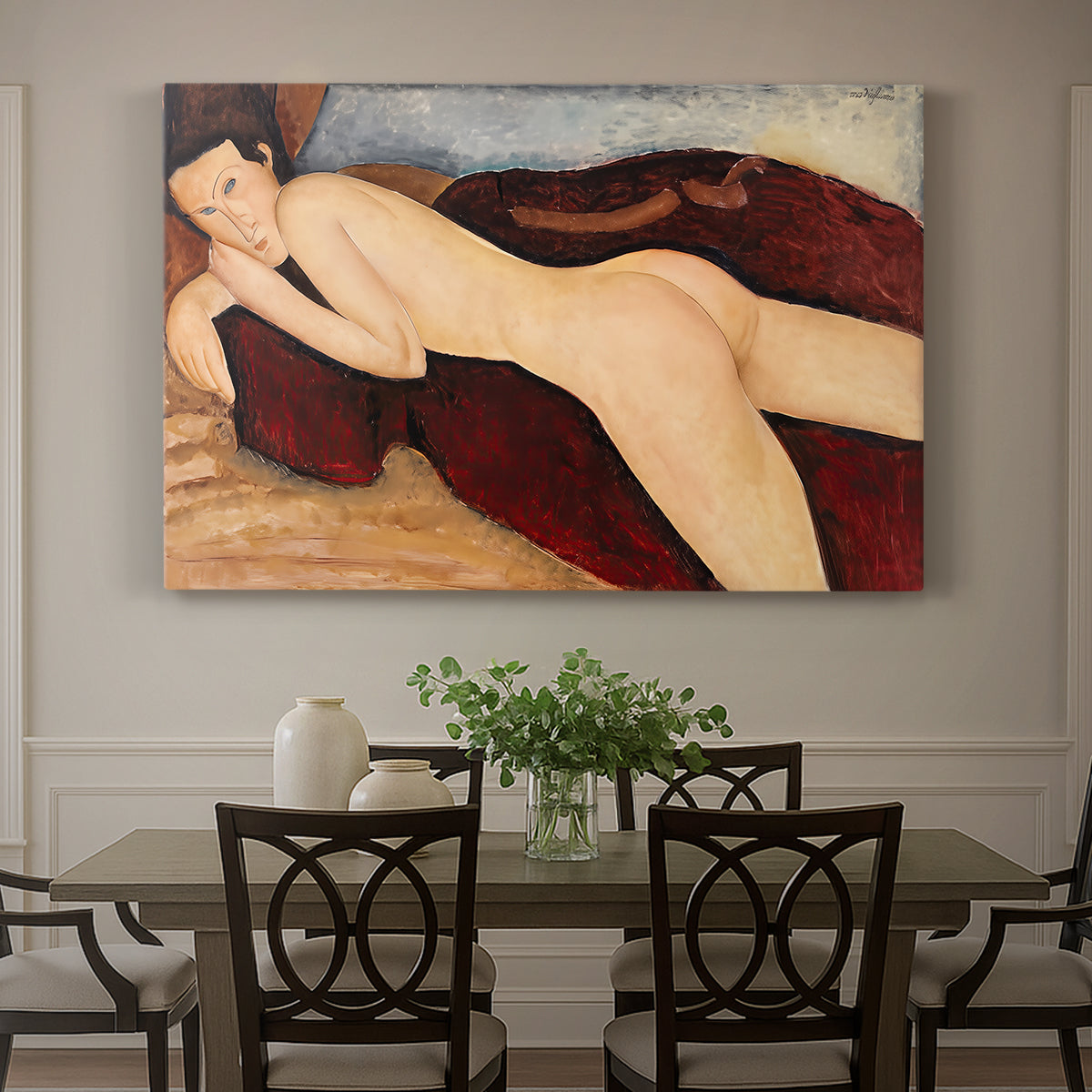 Canvas art print featuring a nude woman reclining on her stomach viewed from behind with elongated back, showcased as a statement wall artwork