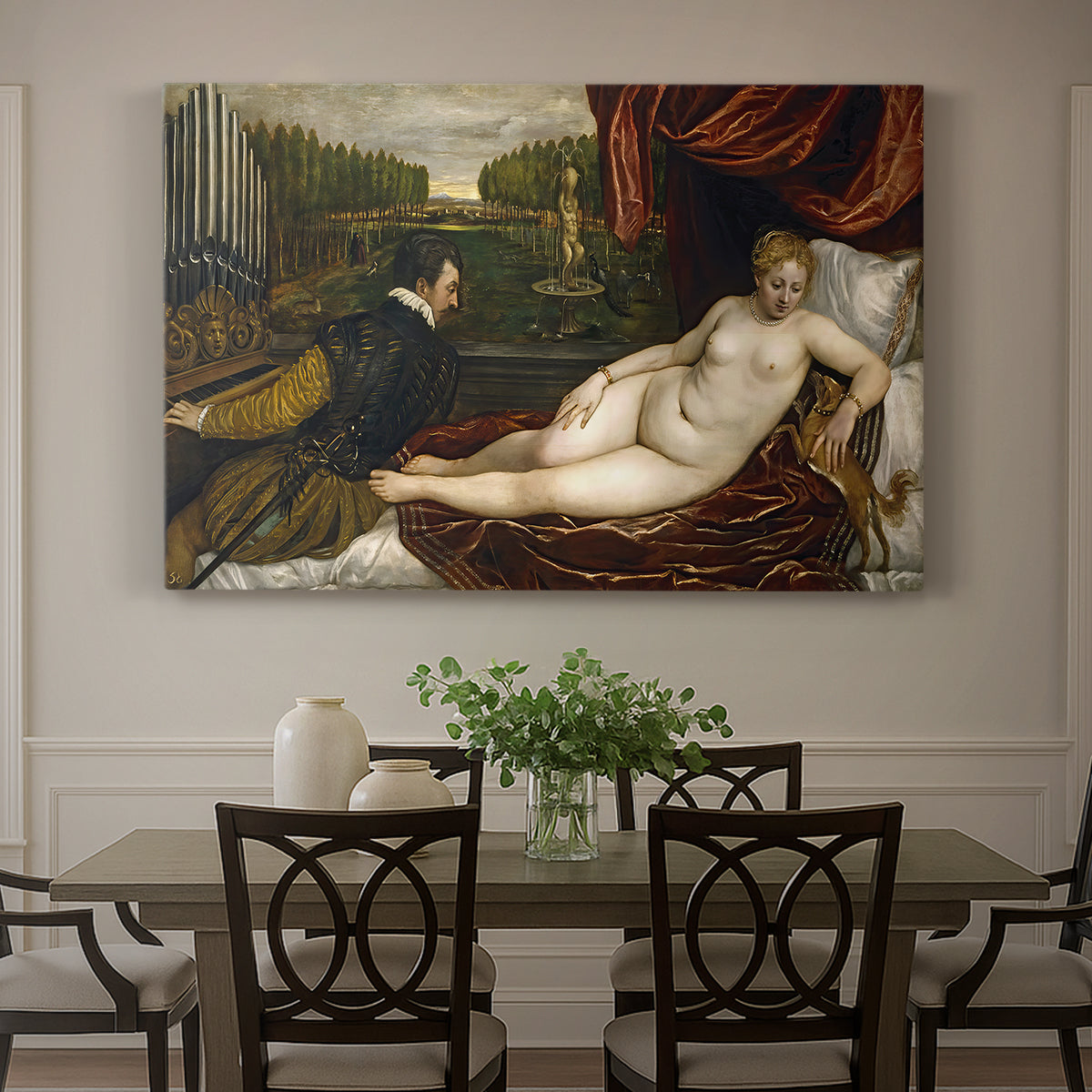 Canvas art print featuring a reclining nude woman with organist nearby and dog at foot of bed, showcased as a statement wall artwork