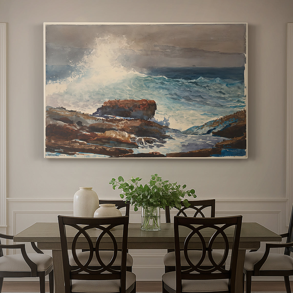 Canvas art print featuring waves rolling toward rocky shoreline with low buildings nearby, showcased as a statement wall artwork