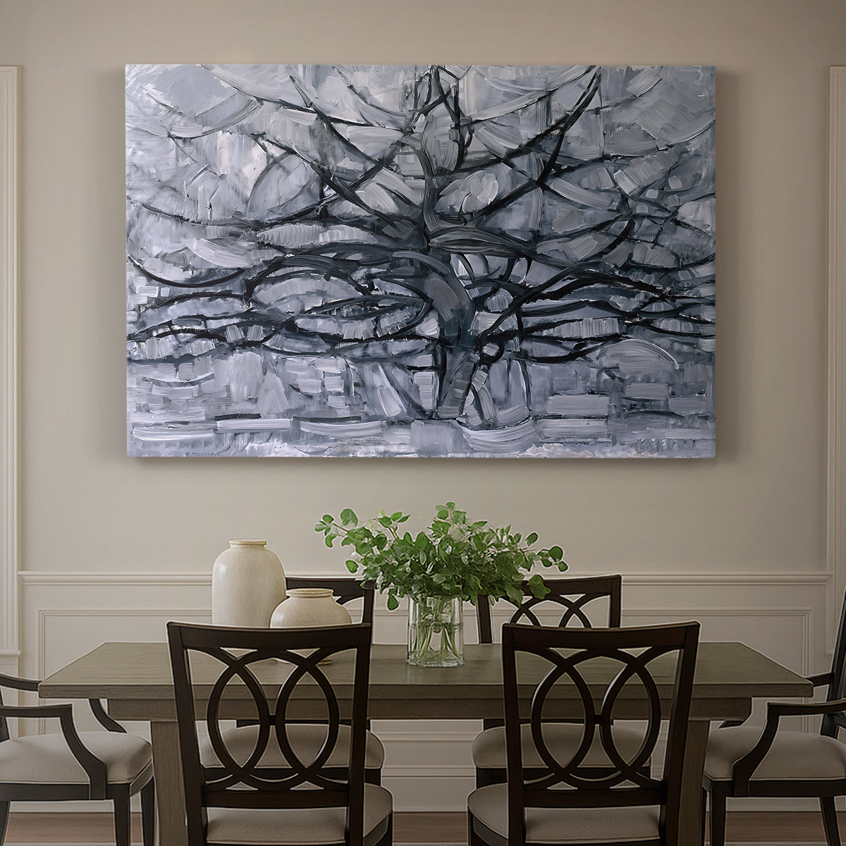 Canvas art print featuring a branching tree reduced to dark lines, showcased as a statement wall artwork
