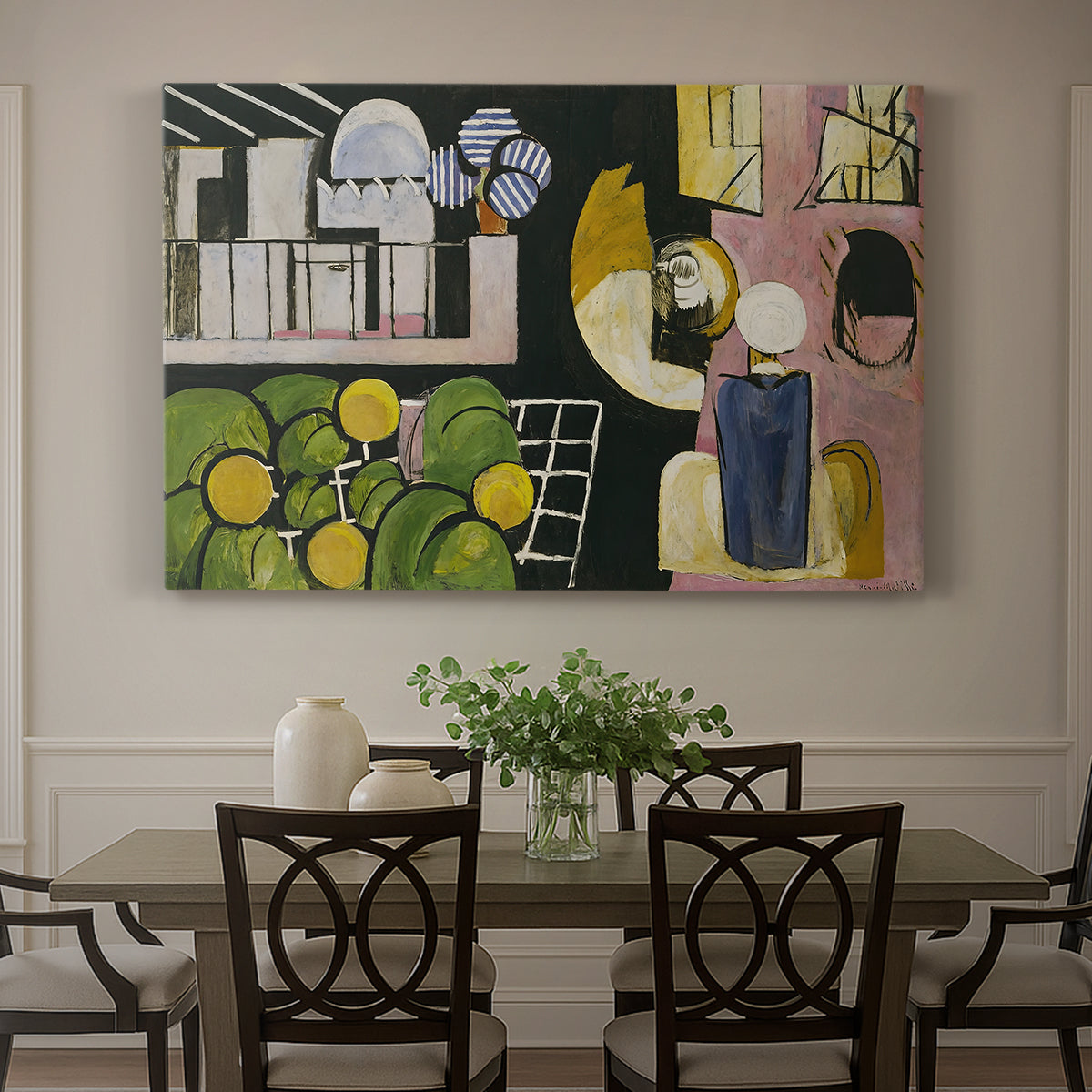 Canvas art print featuring a scene with figures, architecture, and still life elements, showcased as a statement wall artwork