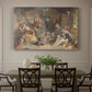 Canvas art print featuring a group of figures gathered indoors sharing food in rustic setting, showcased as a statement wall artwork