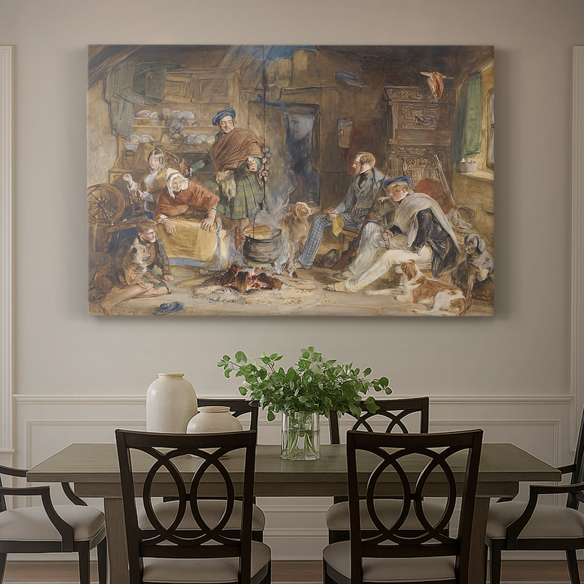 Canvas art print featuring a group of figures gathered indoors sharing food in rustic setting, showcased as a statement wall artwork