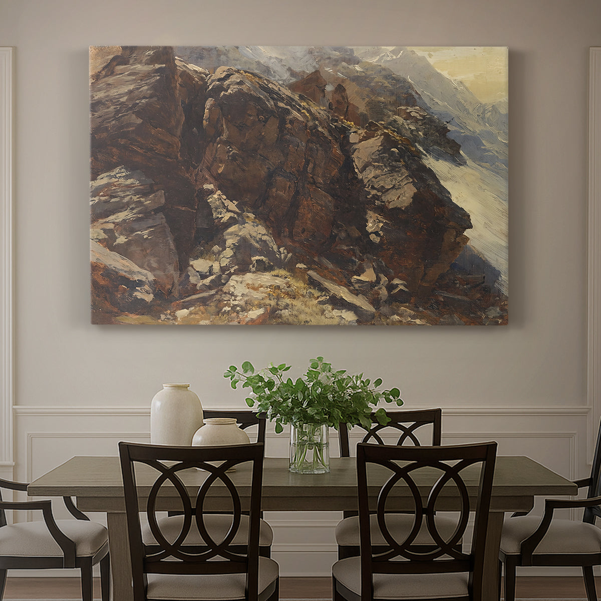 Canvas art print featuring a rocky alpine terrain with steep slopes and distant mountain peaks, showcased as a statement wall artwork