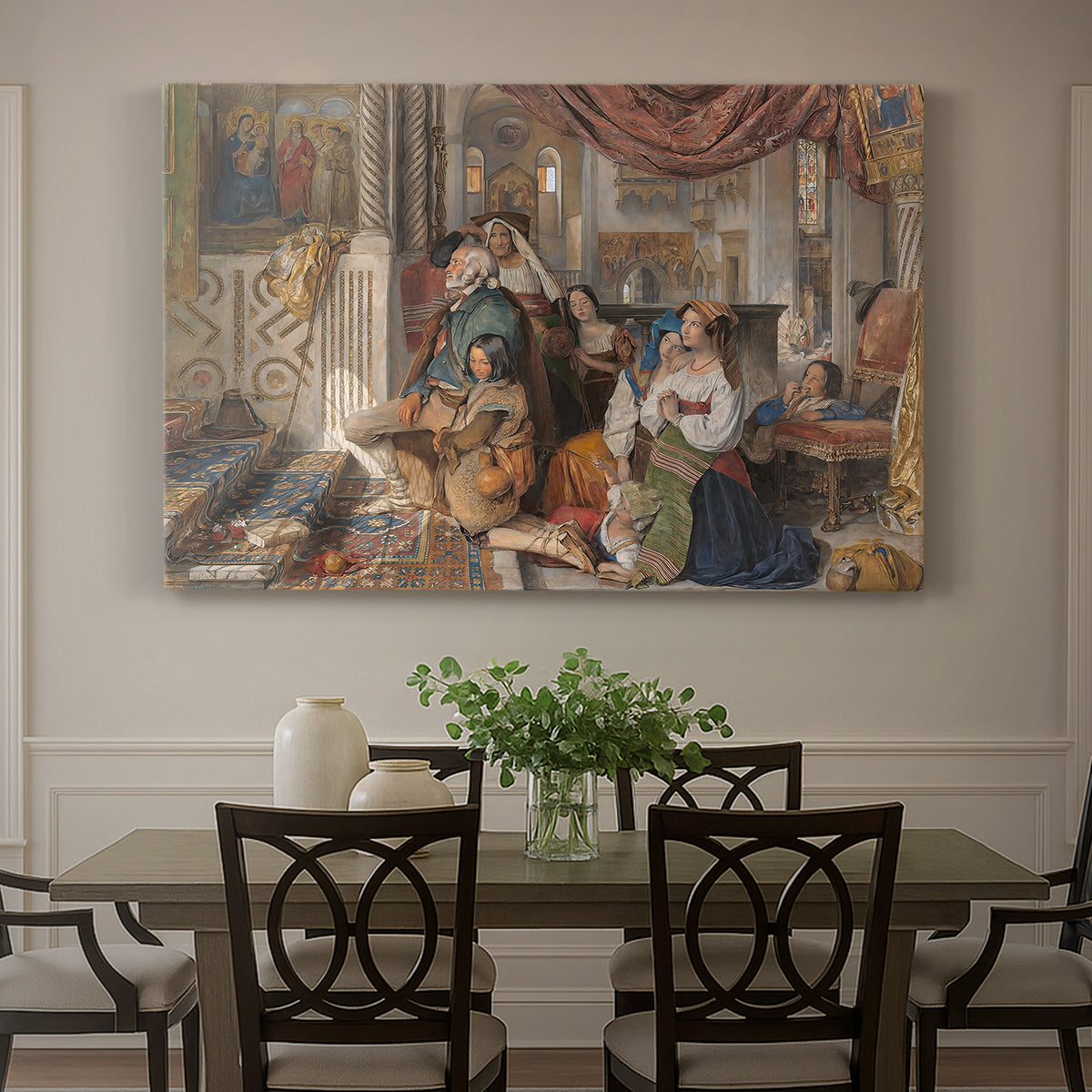 Canvas art print featuring a group of figures gathered outdoors in travel or religious setting, showcased as a statement wall artwork