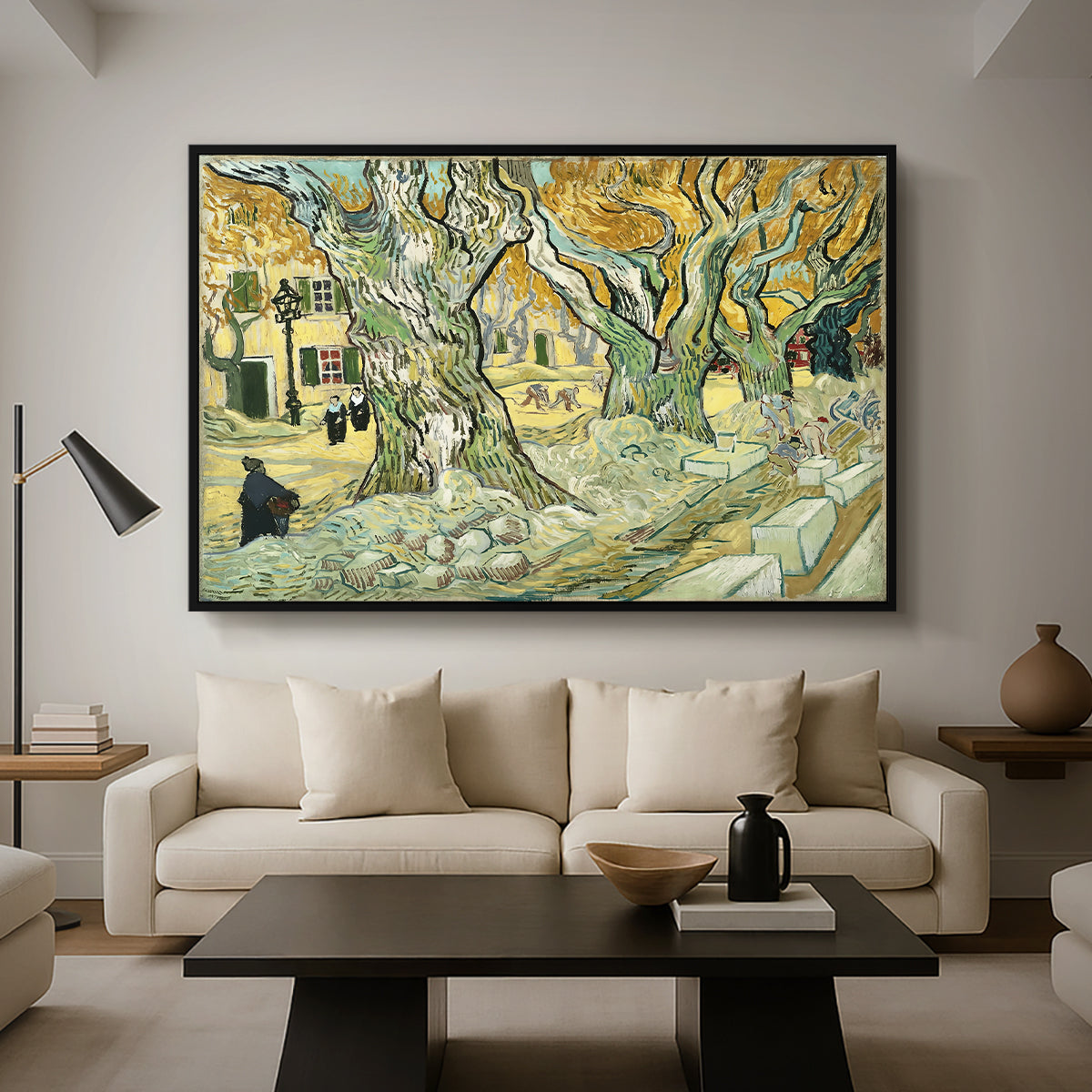 The Large Plane Trees (Road Menders at Saint-Rémy), 1889 - Floater Framed Canvas Print