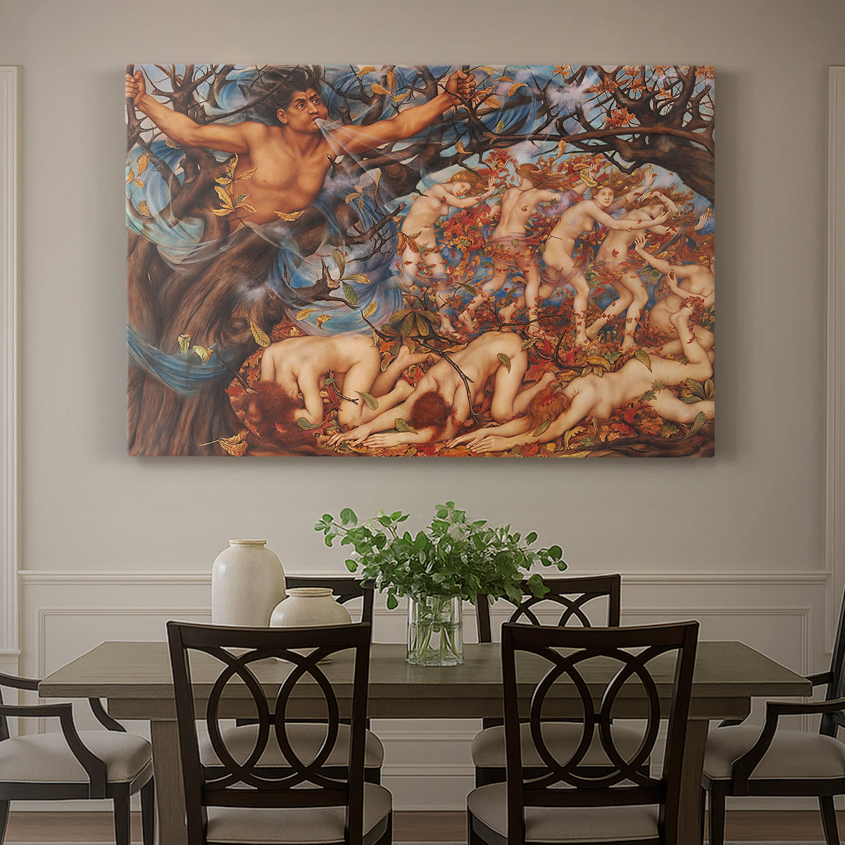 Canvas art print featuring swirling figures carried by wind among falling leaves in dynamic composition, showcased as a statement wall artwork