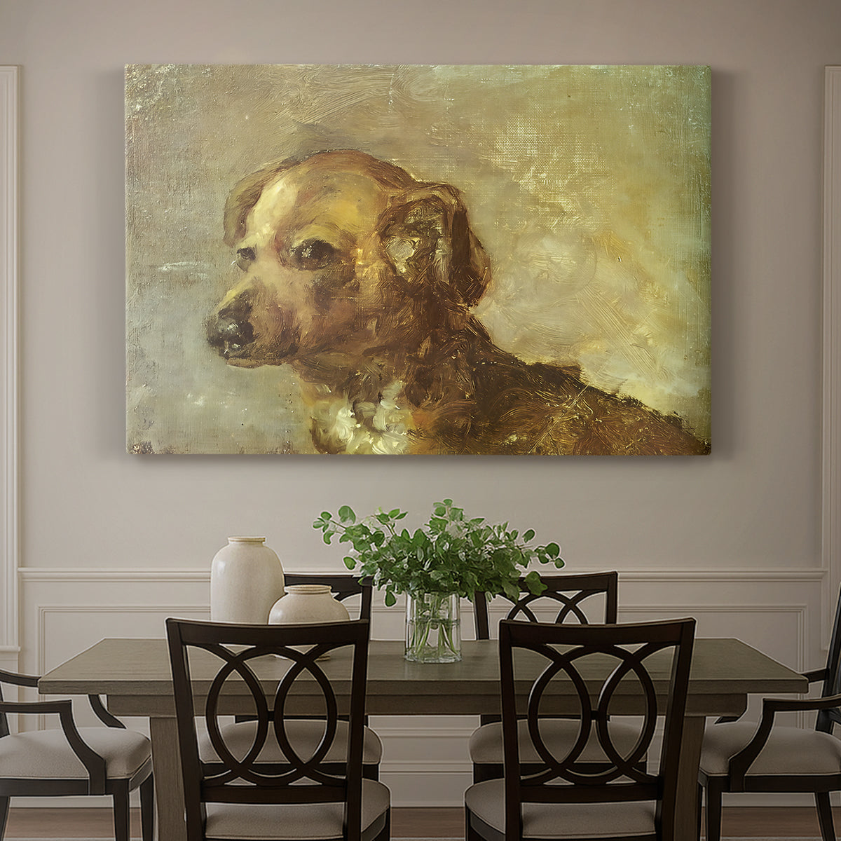 Canvas art print featuring a small dog resting with soft brushwork in warm-toned composition, showcased as a statement wall artwork