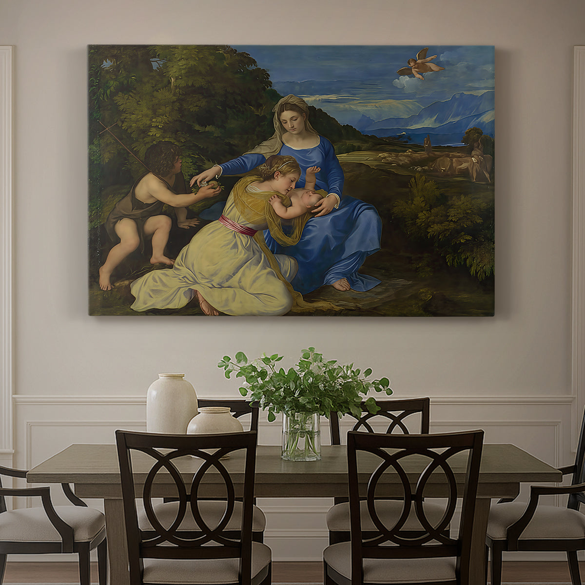 Canvas art print featuring Madonna seated with child in landscape beside soft blue water and sky, showcased as a statement wall artwork