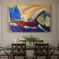 Canvas art print featuring abstracted figures and horses suggested through sweeping lines and vibrant colors, showcased as a statement wall artwork