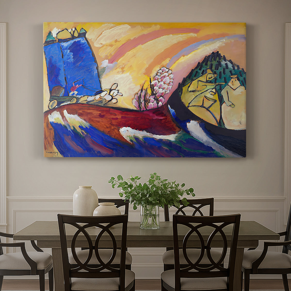 Canvas art print featuring abstracted figures and horses suggested through sweeping lines and vibrant colors, showcased as a statement wall artwork