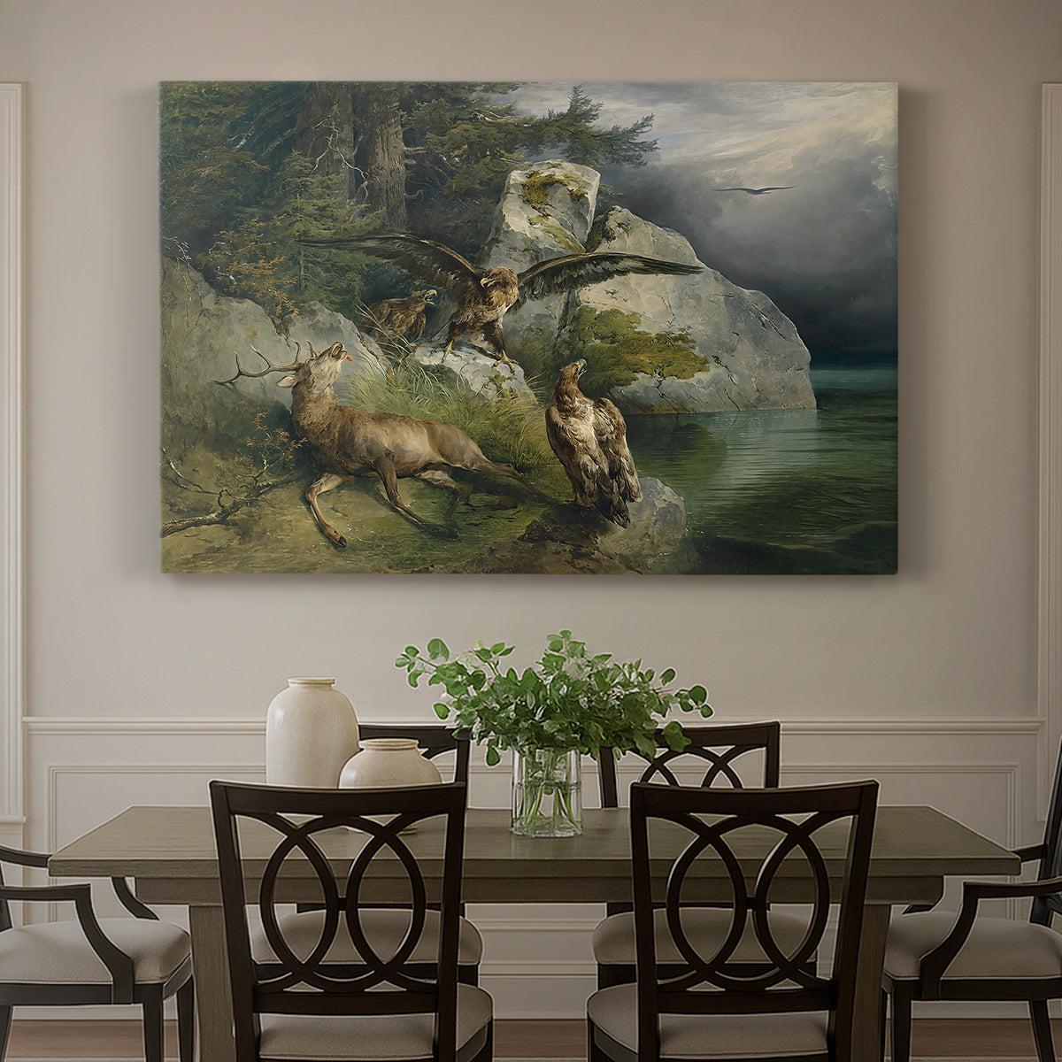 Canvas art print featuring eagles attacking stag near lake, showcased as a statement wall artwork