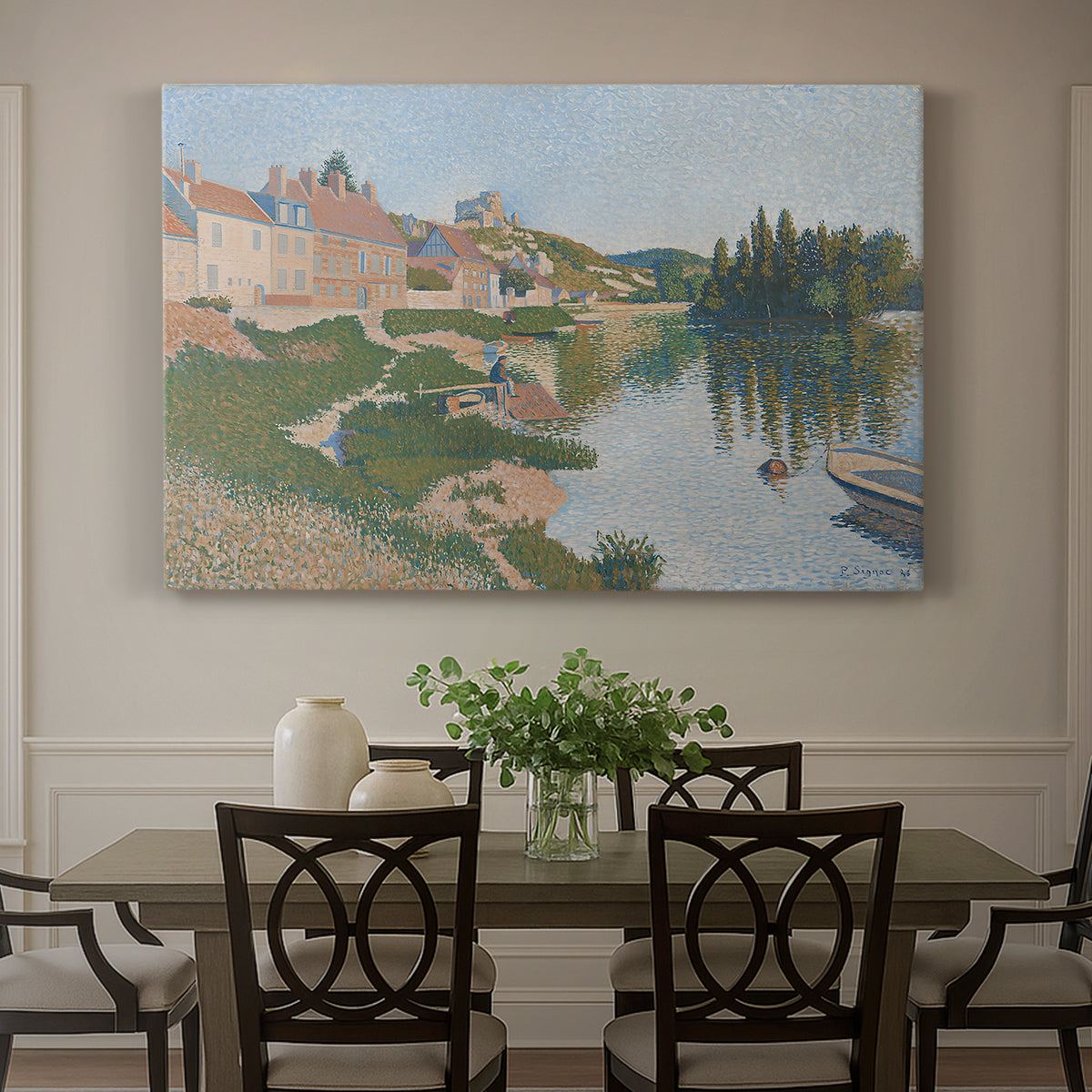 Canvas art print featuring a hillside town overlooking river with buildings and terrain, showcased as a statement wall artwork