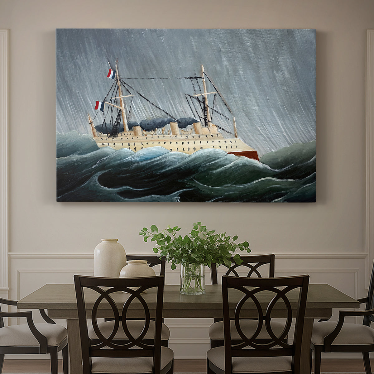 Canvas art print featuring a sailing ship tossed by large waves under dark stormy sky, showcased as a statement wall artwork