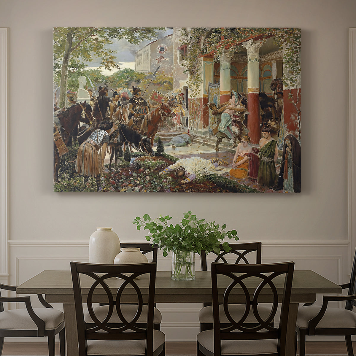 Canvas art print featuring a chaotic battle scene with mounted warriors charging across landscape, showcased as a statement wall artwork