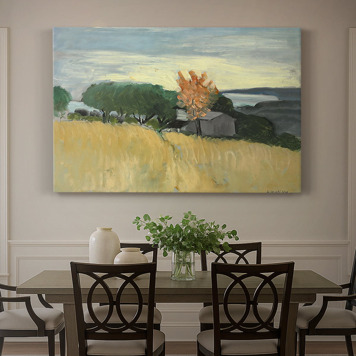 Canvas art print featuring a golden wheat field stretching across a sunlit landscape under open sky, showcased as a statement wall artwork