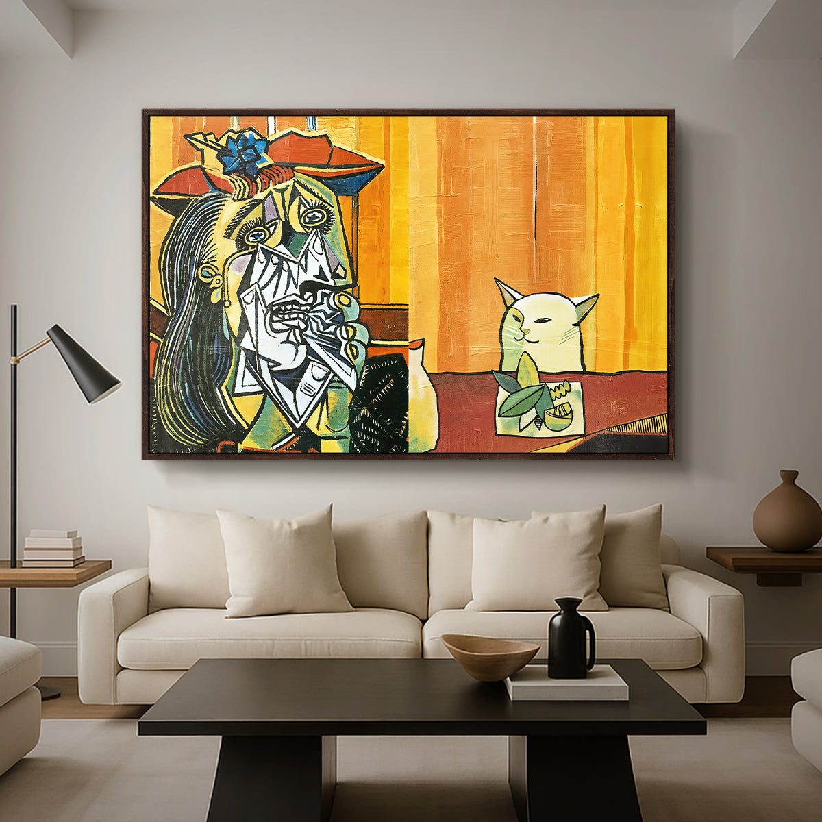 Woman Yelling at a Cat Meme (Picasso Parody) - Floater Framed Canvas Print