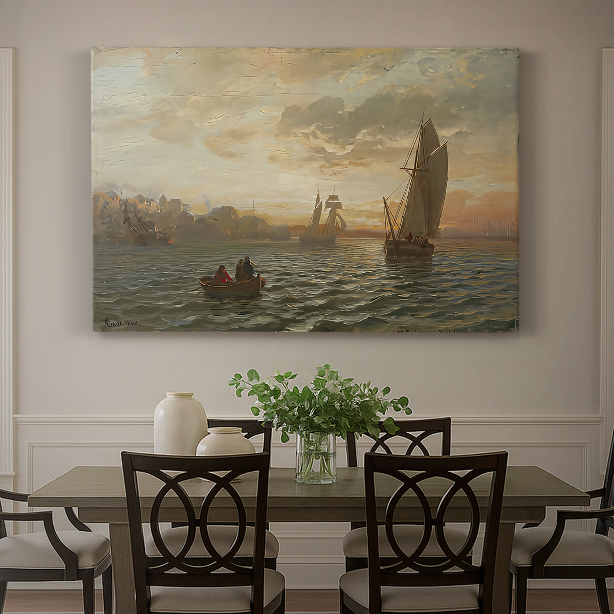Canvas art print featuring a coastal landscape with boats scattered across fjord and distant landforms, showcased as a statement wall artwork